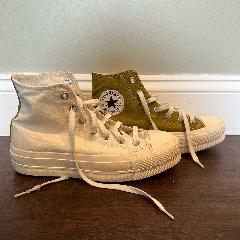 Custom Olive & White High Top Platform Converse